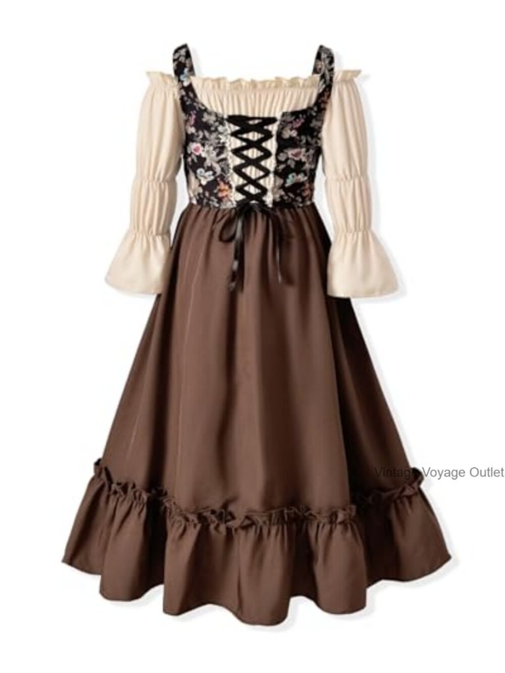 Girls Medieval Renaissance Dress Off Shoulder Lace Up Puff Sleeve 4-12Y